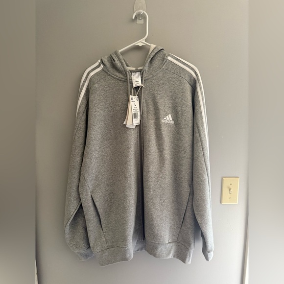 Adidas Jacket Men’s SZ L Grey Fleece Hooded Full Zip Logo New Casual Outerwear - Picture 1 of 9